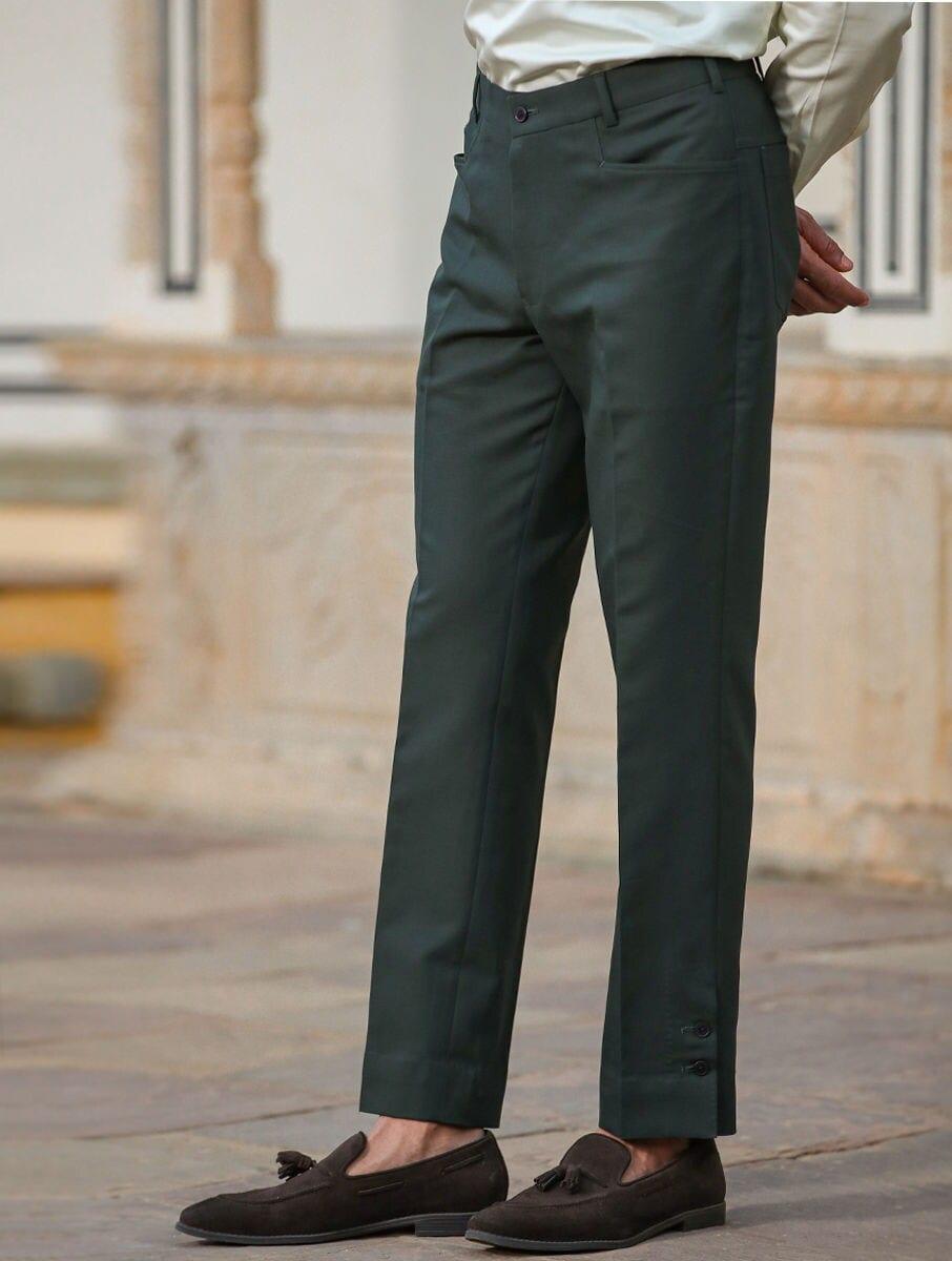 men green cotton solid long regular fit pants