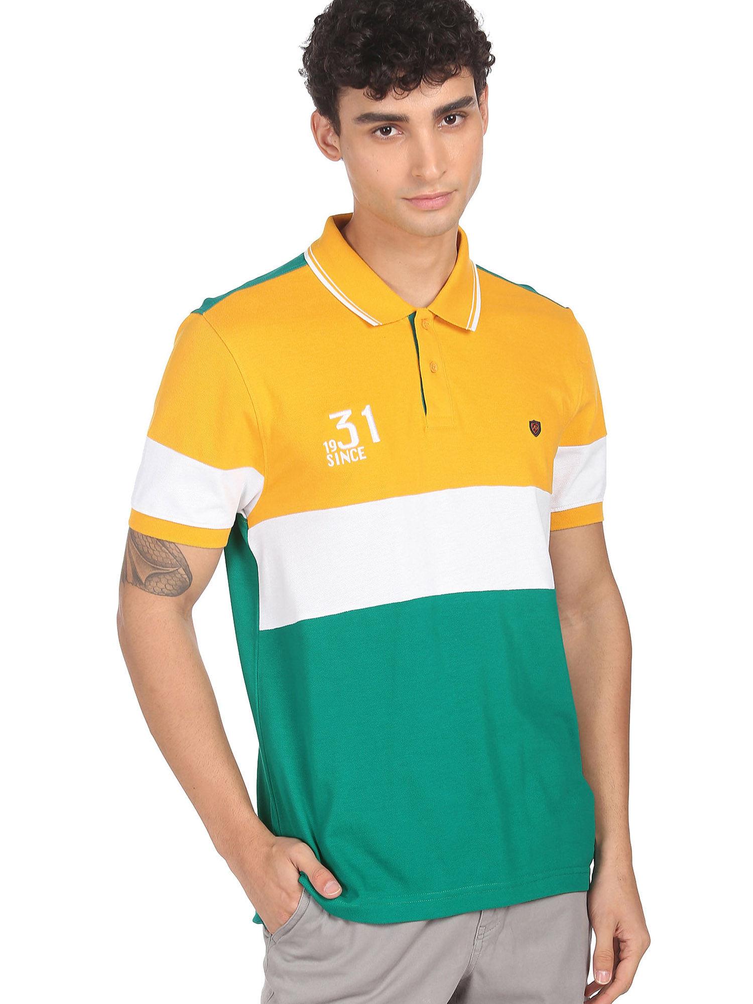 men-green-panelled-cotton-colour-block-polo-shirt
