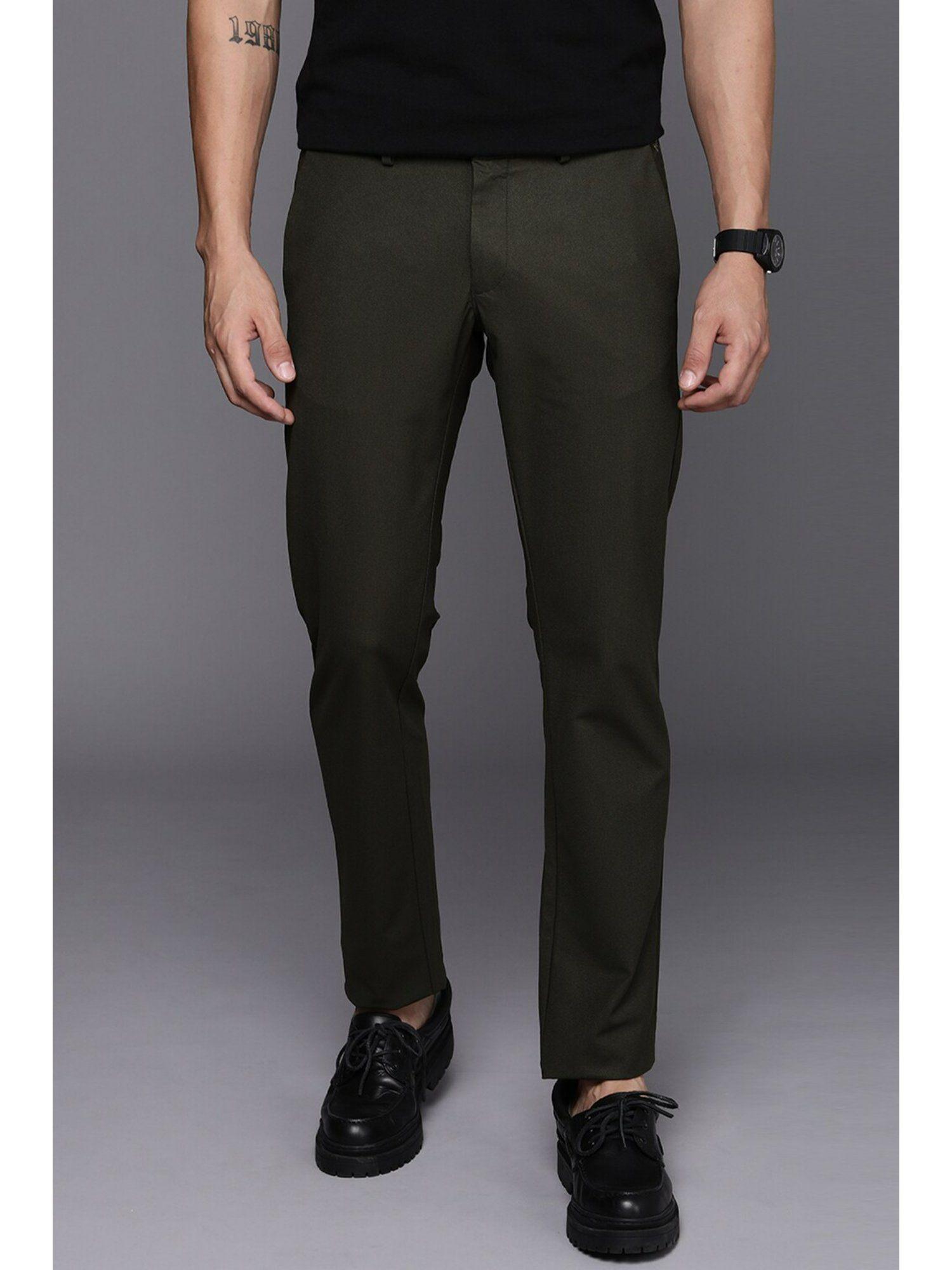 men green slim fit textured casual trousers