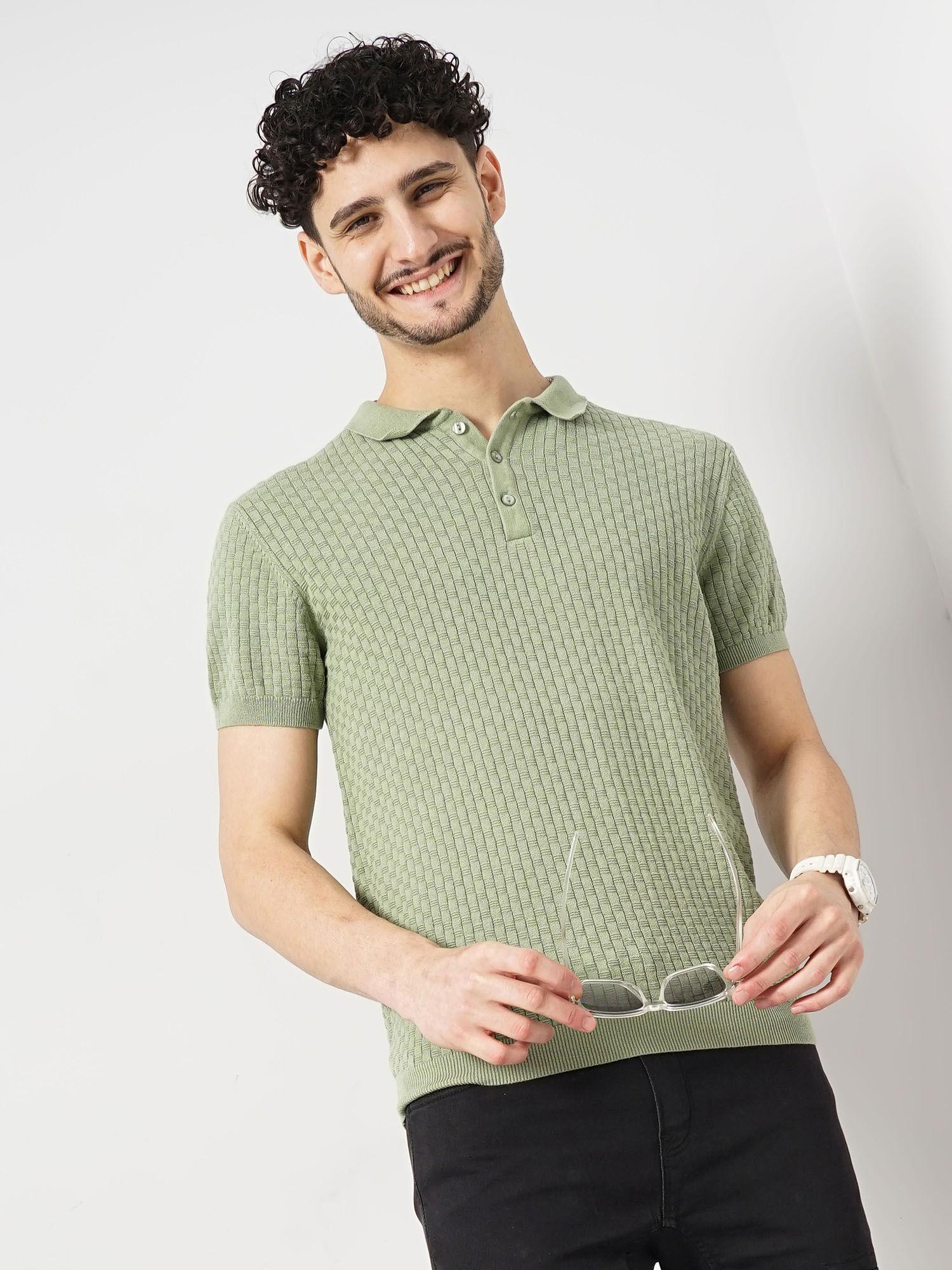 men green textured regular fit cotton flat knit polo t-shirt