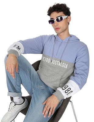 men grey and blue colour block hooded sweatshirt