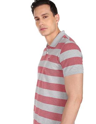men grey cotton horizontal stripe polo shirt
