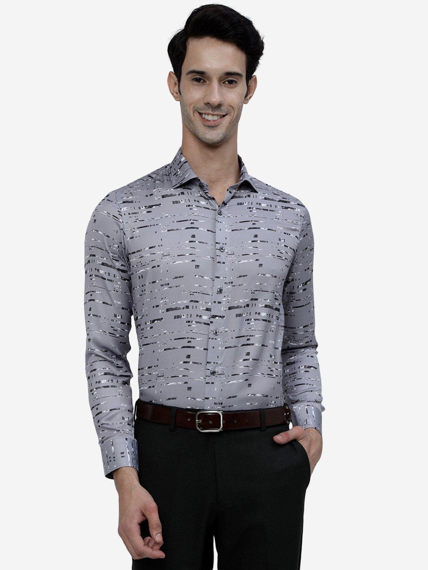 men grey cotton slim fit printed formal casual wear shirt
