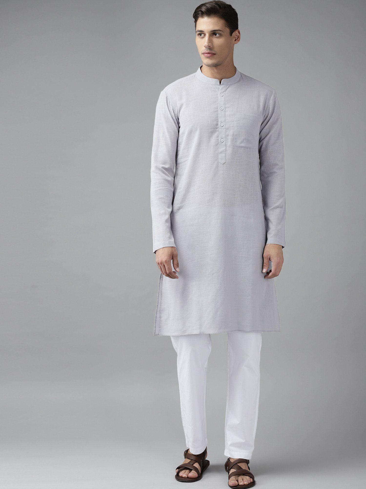 men grey cotton straight slub effect kurta & pyjama (set of 2)
