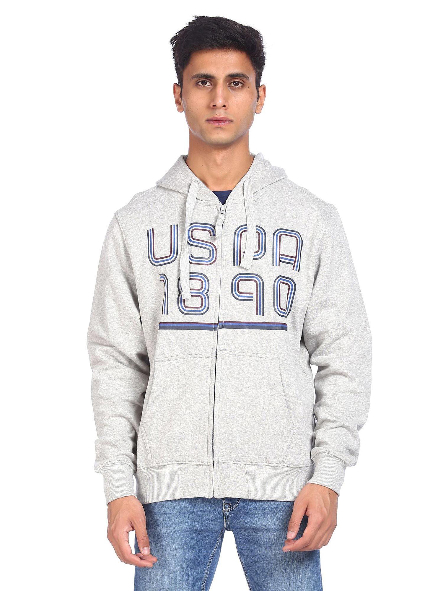 men grey hooded brand printed sweatshirt