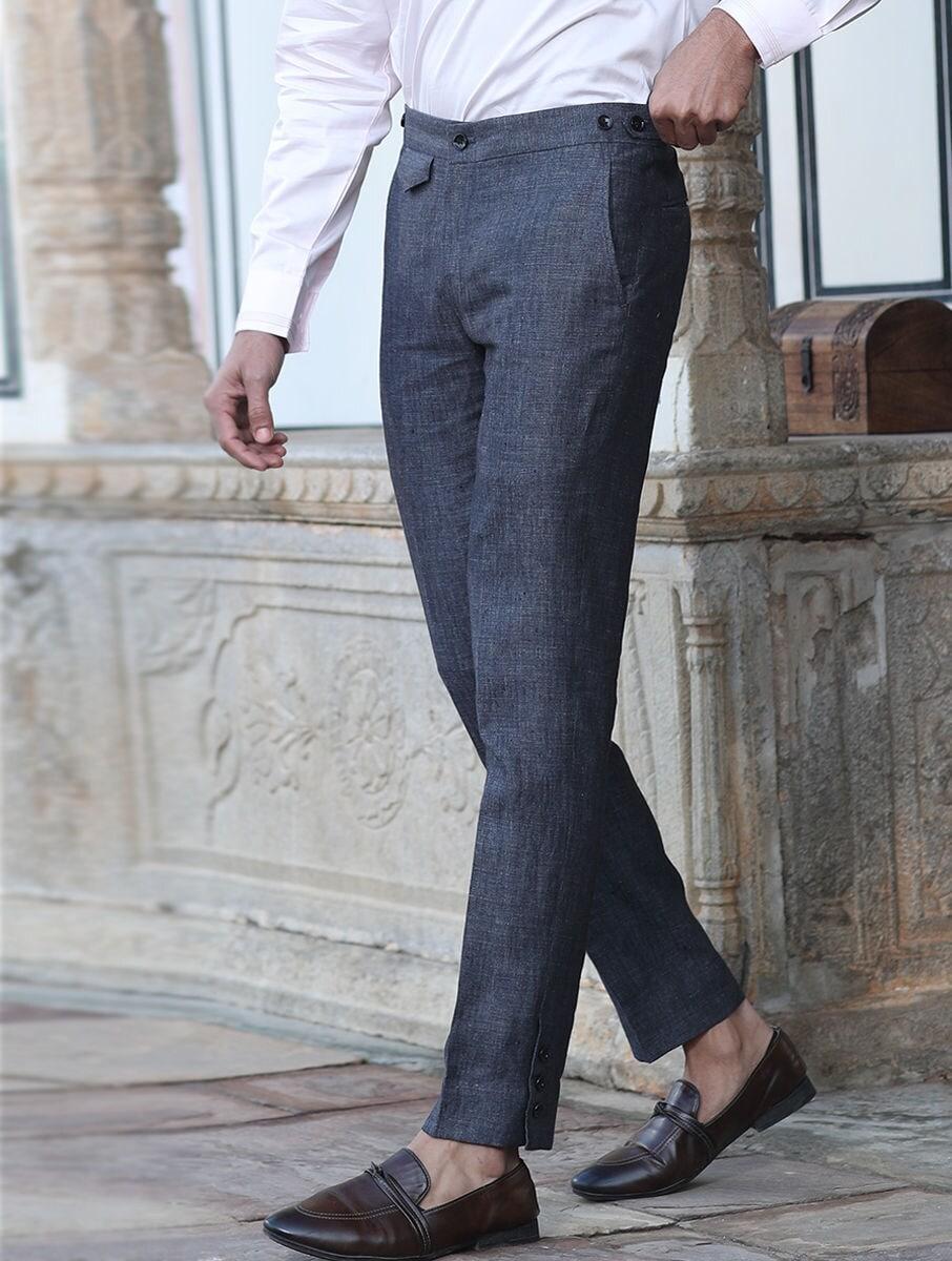 men grey linen solid long regular fit pants