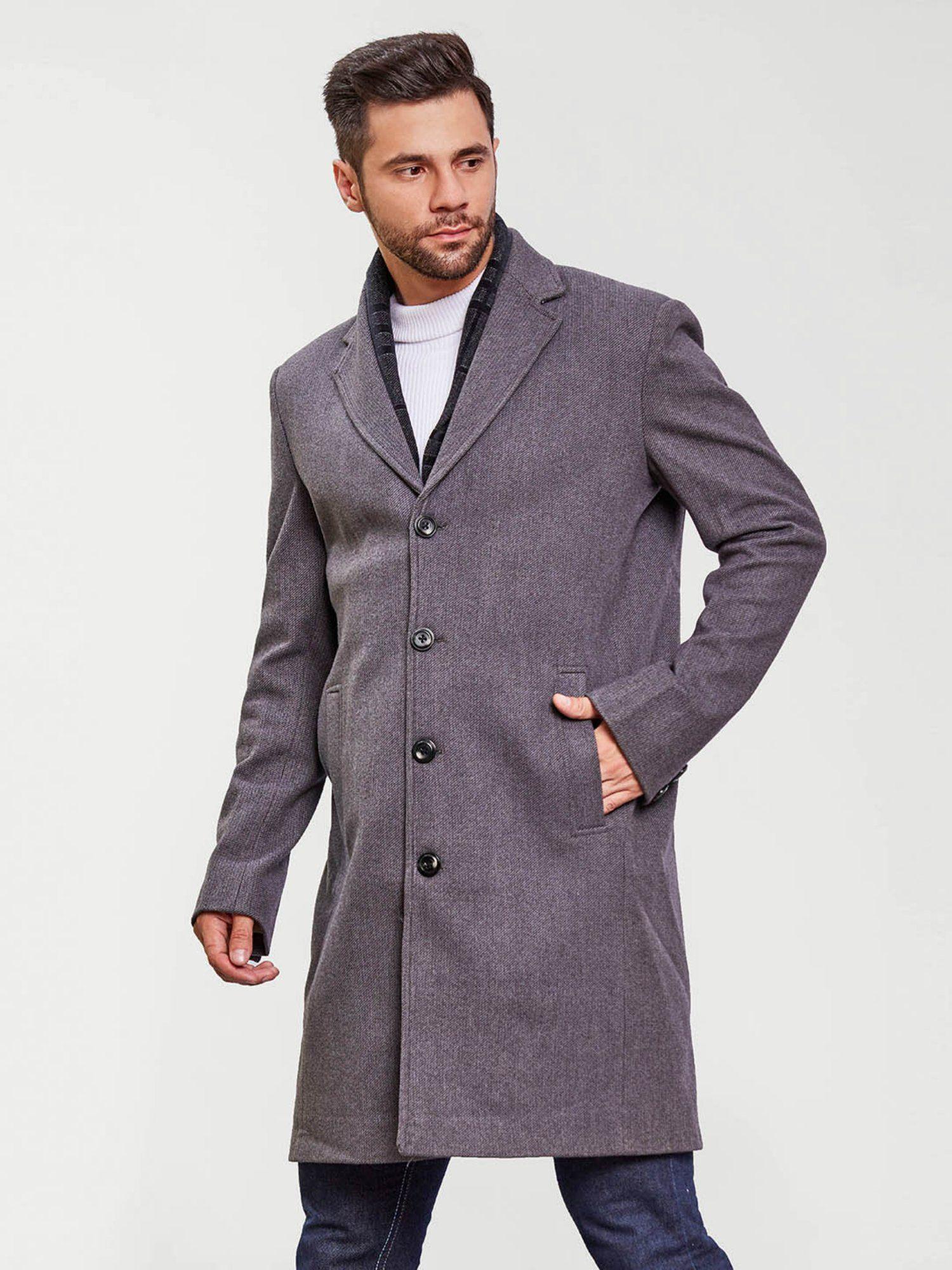 men grey notch lapel collar solid winter overcoat