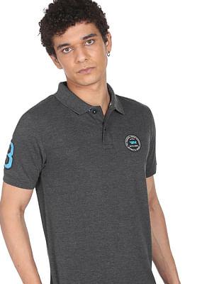 men grey printed collar applique logo polo shirt