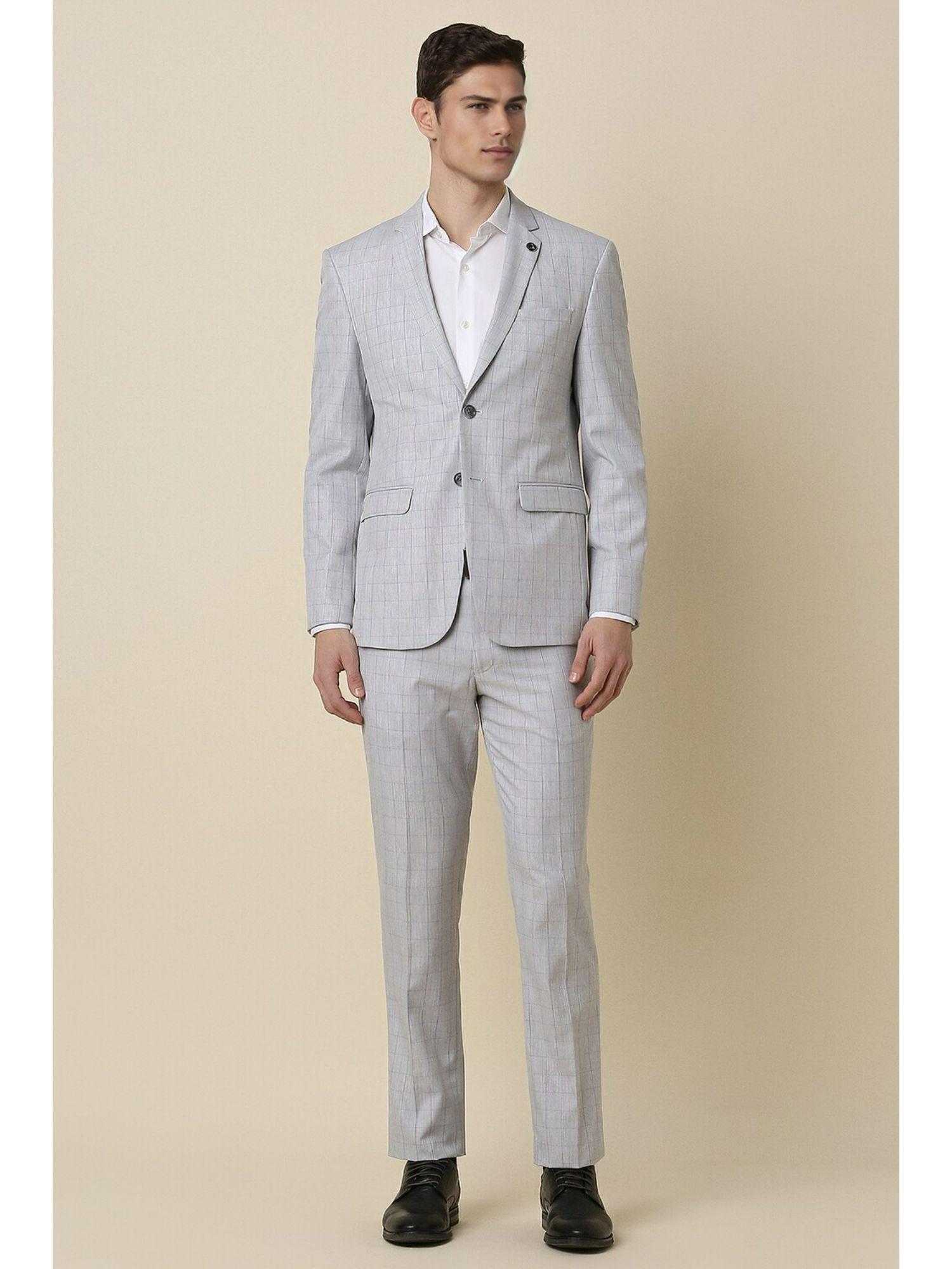 men grey slim fit check formal suit (set of 2)