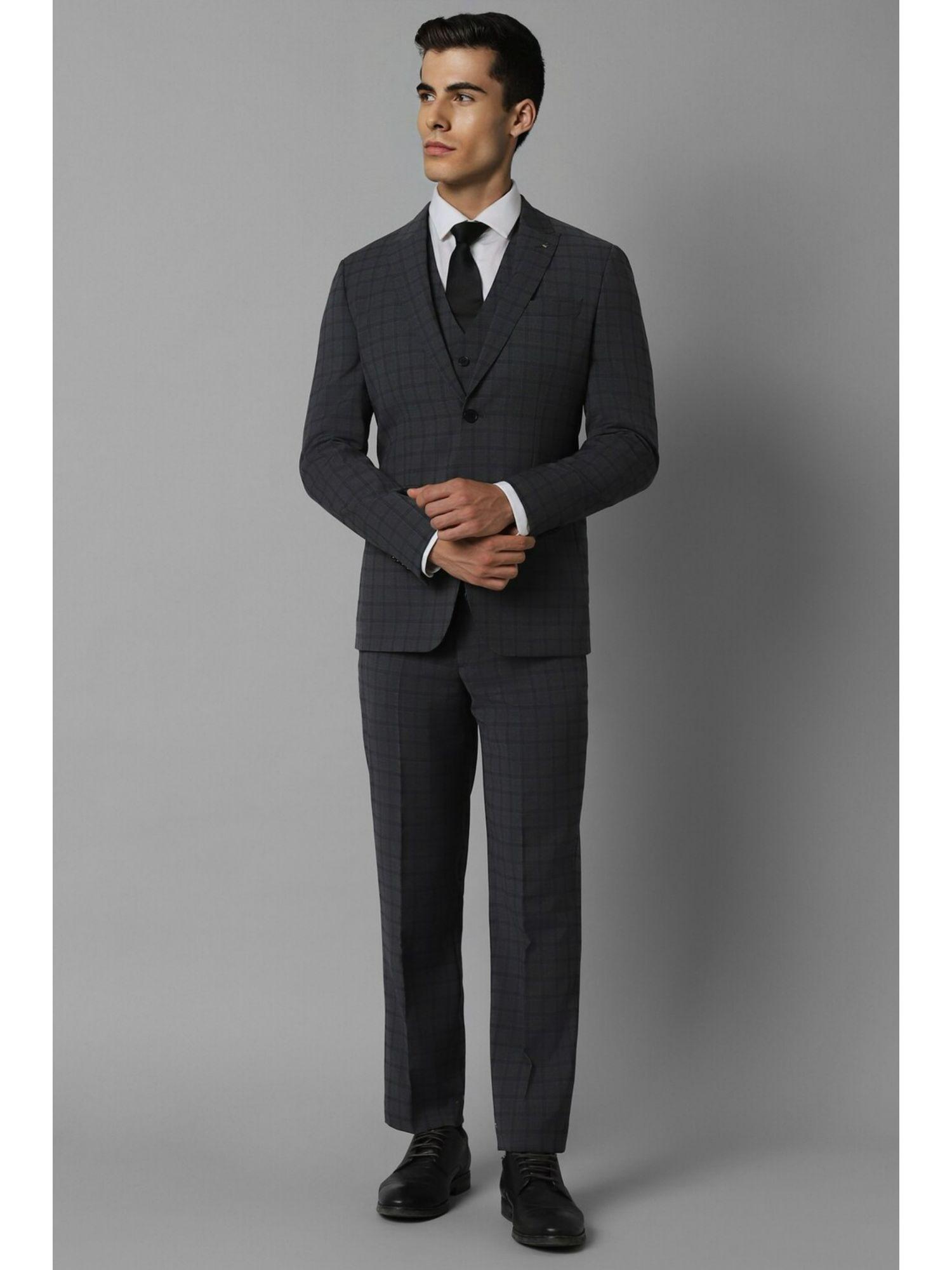 men grey slim fit check formal three piece suit (set of 3)