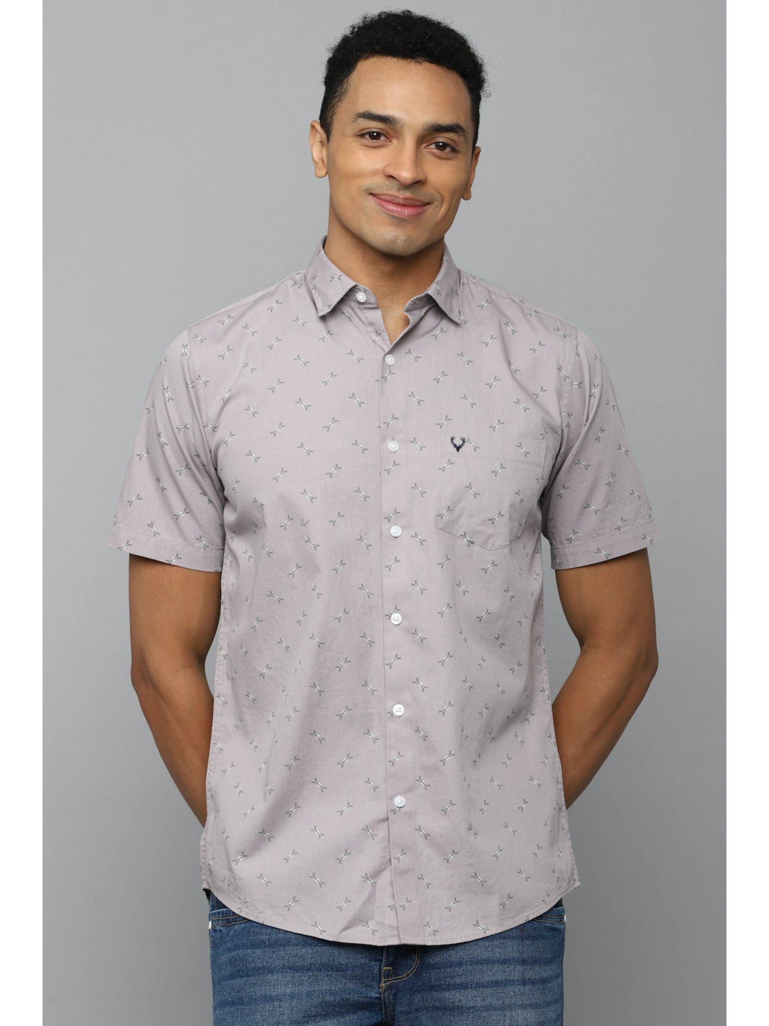 men grey slim fit print half sleeves casual shirt