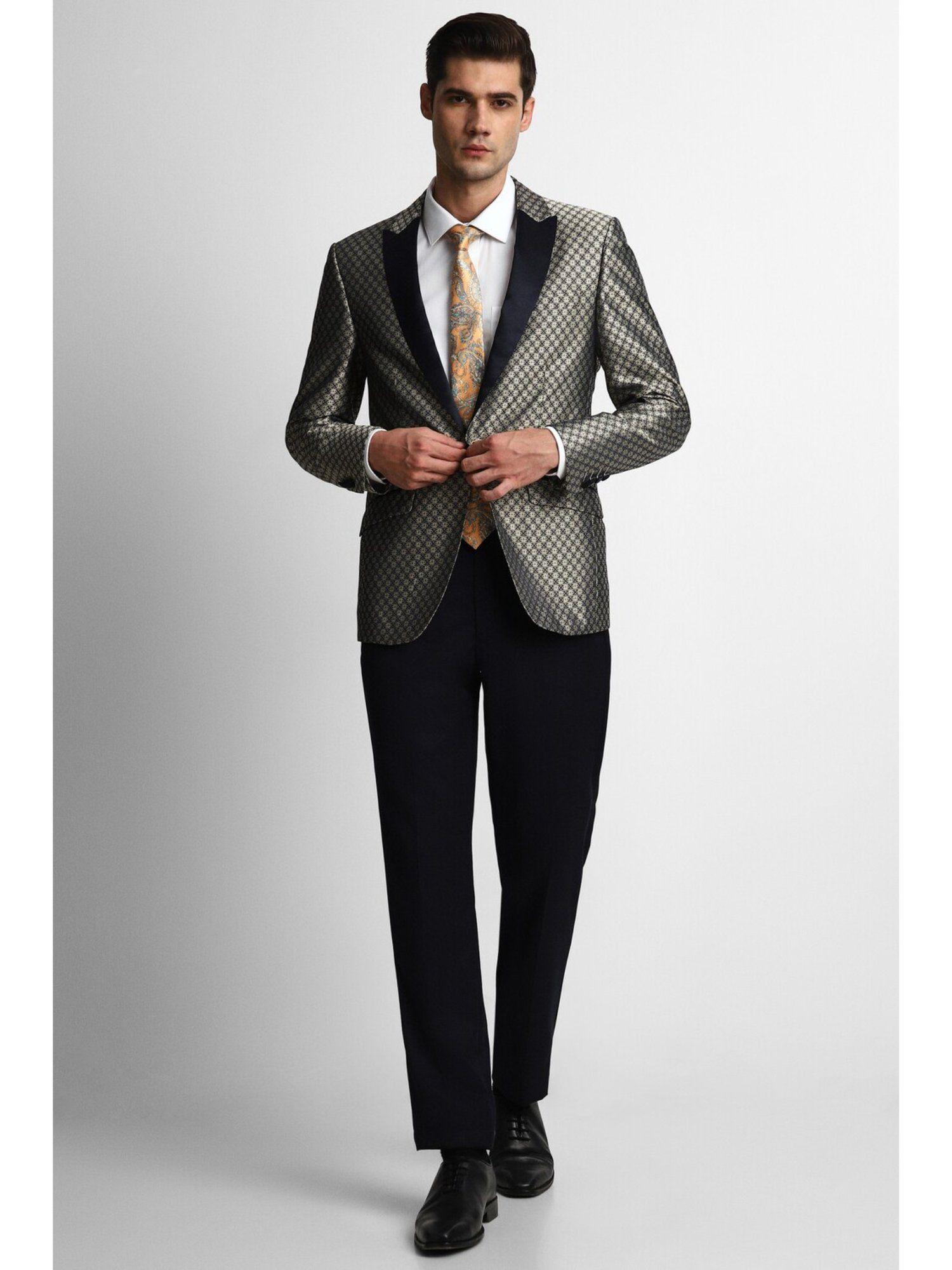 men grey slim fit print party two piece suit (set of 2)