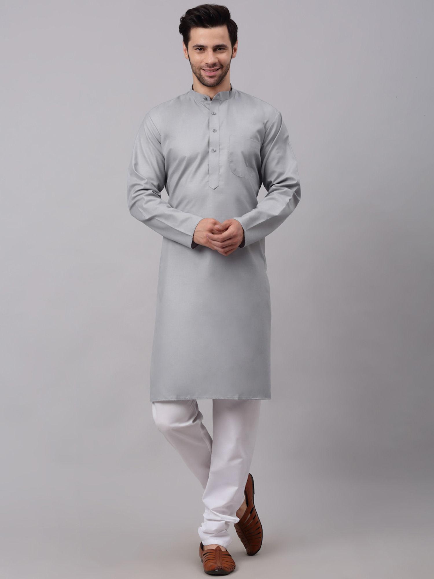 men grey solid cotton long kurta pyjama (set of 2)