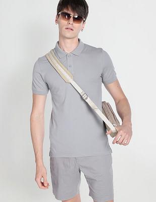men grey solid cotton pique polo shirt