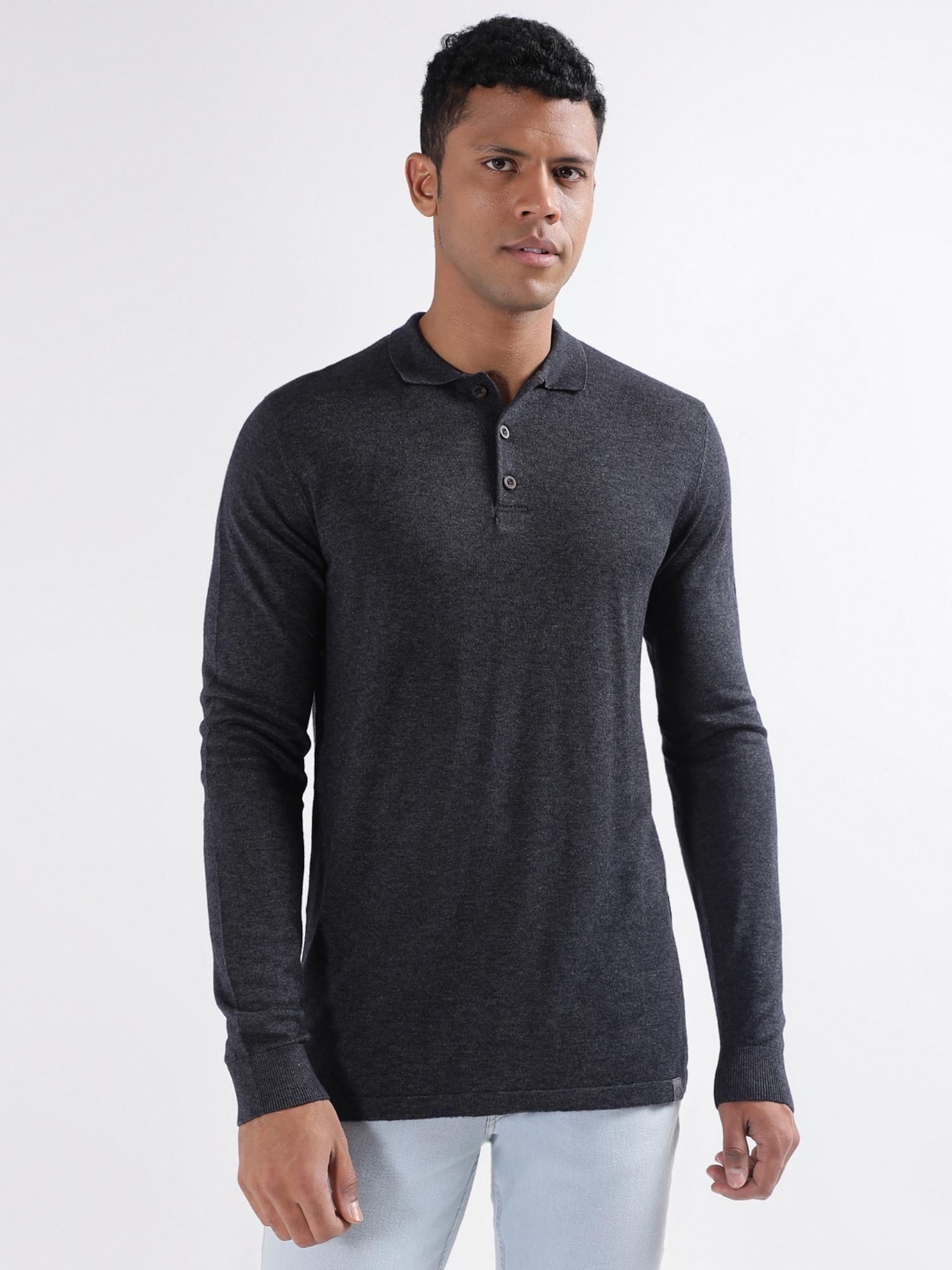 men grey solid polo collar sweater