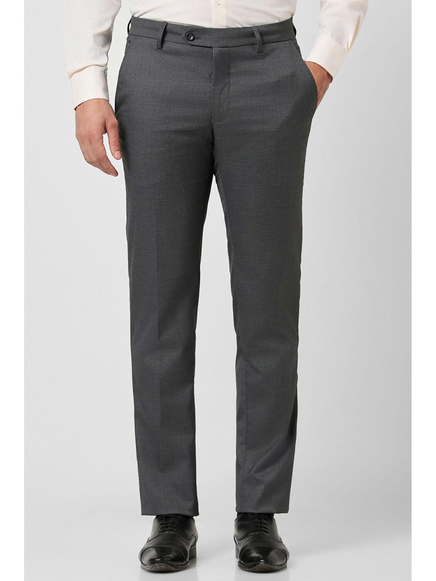 men grey solid slim fit formal trousers