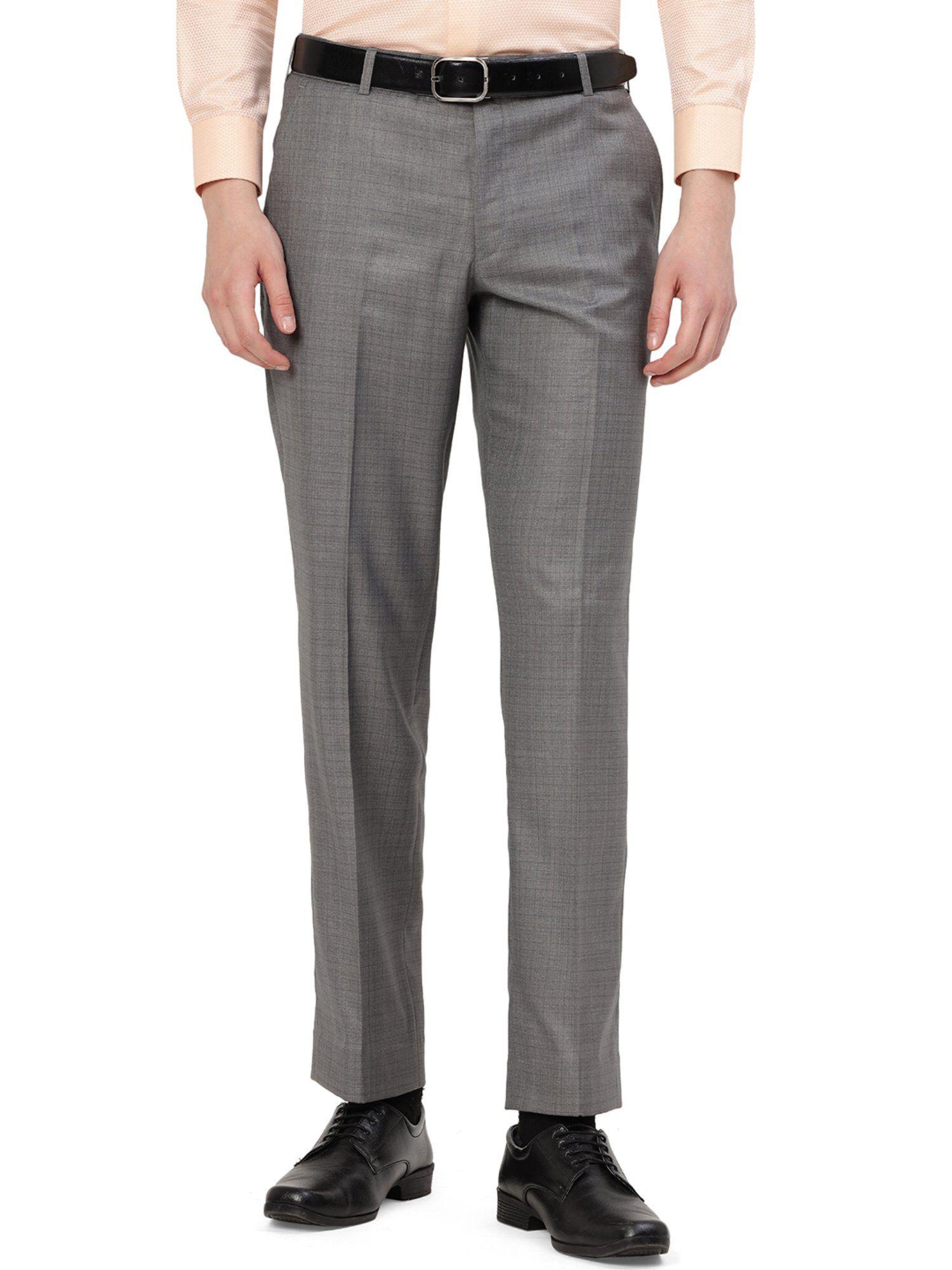 men grey terry rayon classic fit textured formal trouser