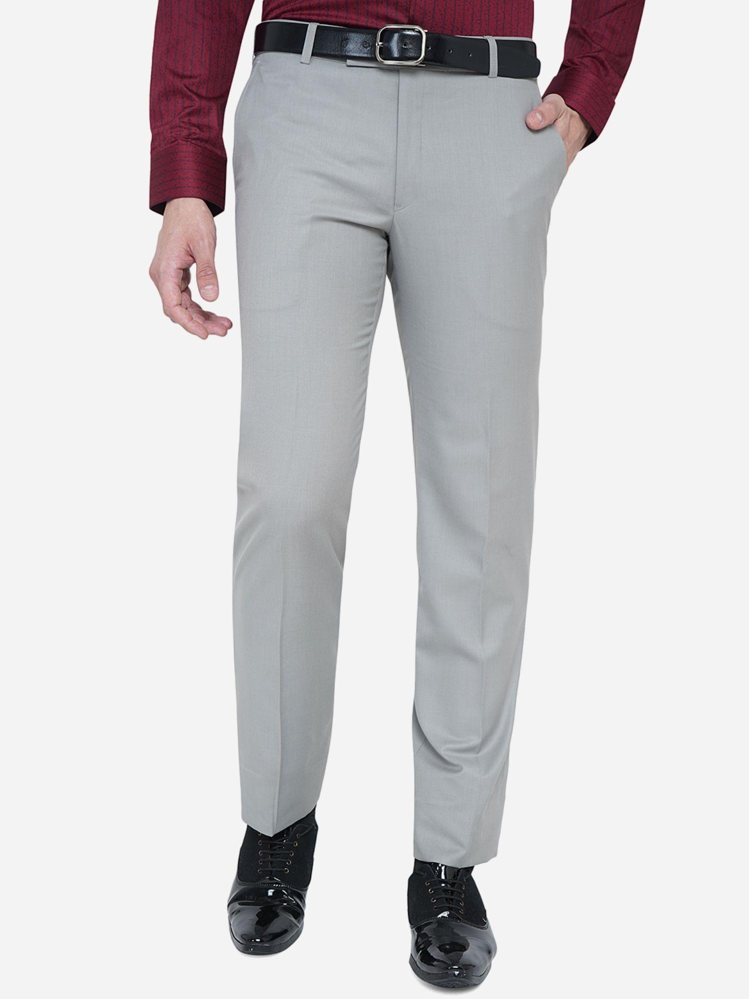 men grey terry wool slim fit solid formal trouser