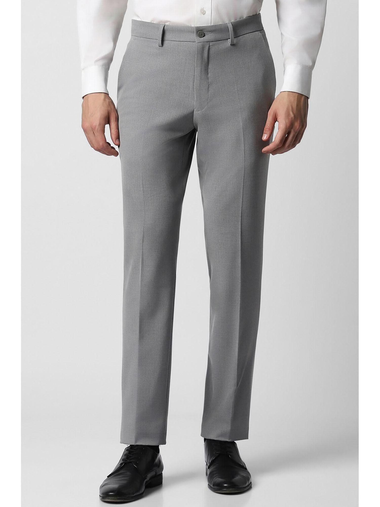 men grey textured slim fit trousers