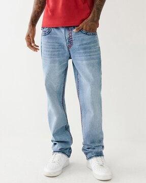men heavily washed straight jeans