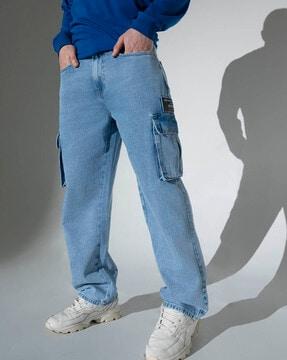 men heavy-wash regular fit cargo jeans