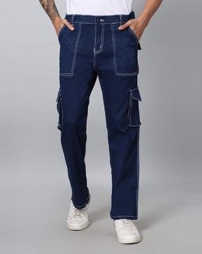 men high-rise straight denim jeans with cargo pockets