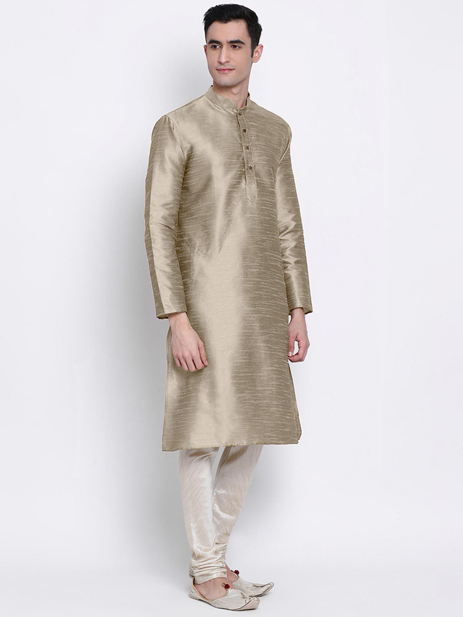men khaki art silk solid straight kurta with churidar (set of 2)