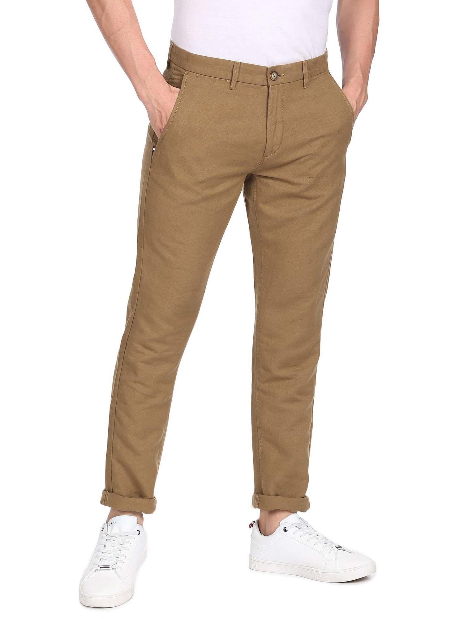 men khaki mid rise solid casual trousers