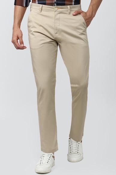 men khaki solid carrot fit casual trousers