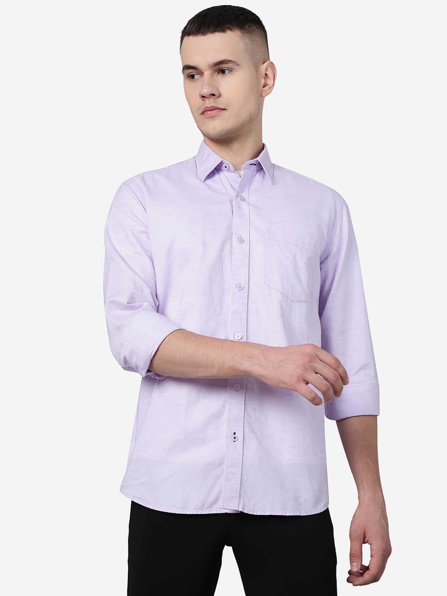 men lavender cotton slim fit solid casual shirt