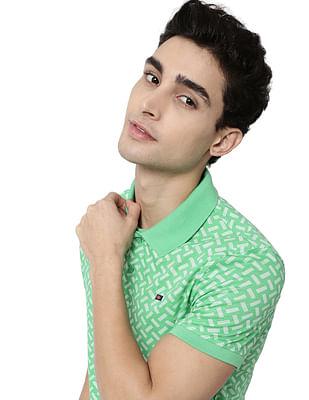 men light green geometric print cotton polo shirt