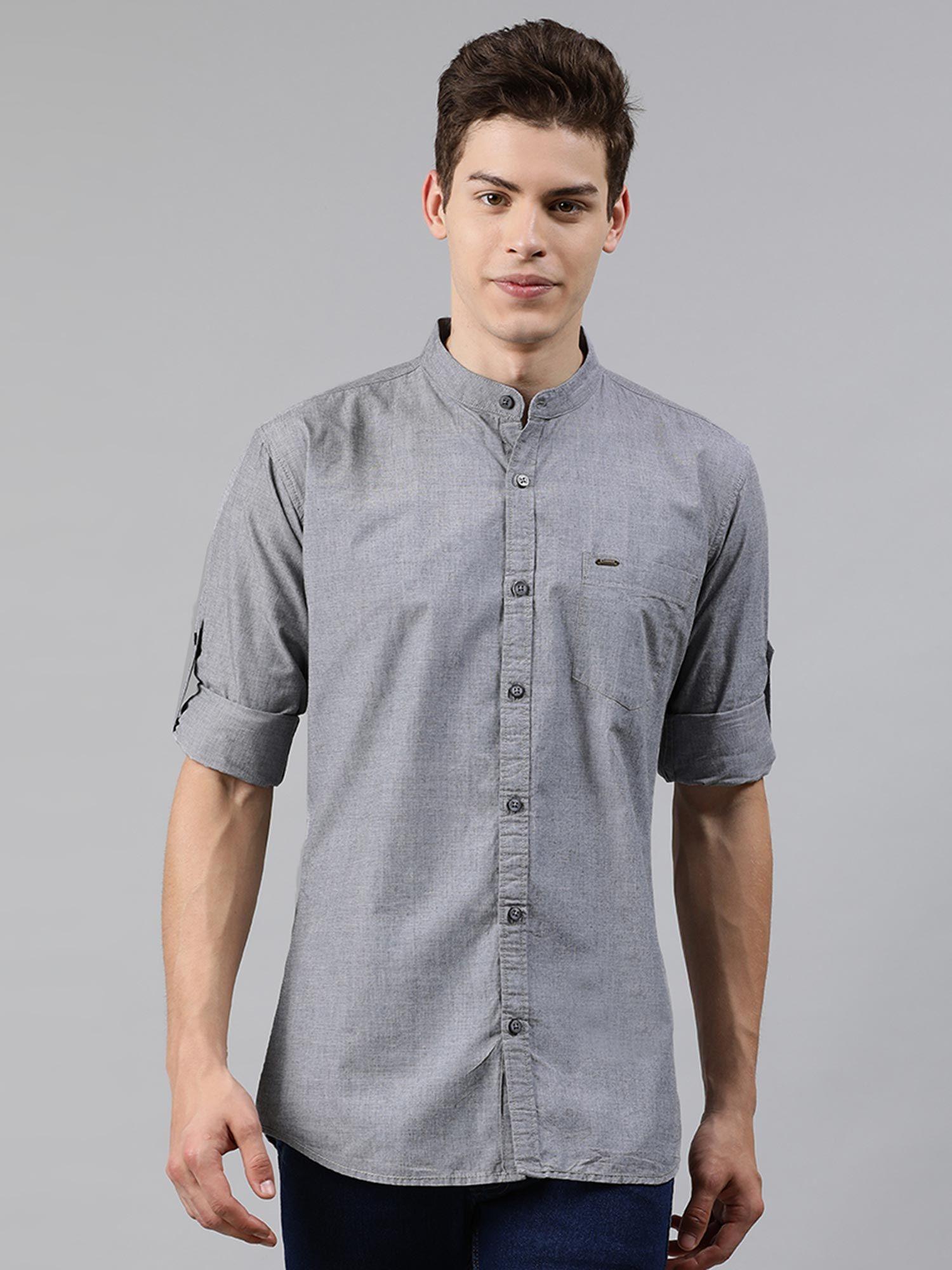 men light grey cotton full sleeve casual shirt with mandarin collar slim fit