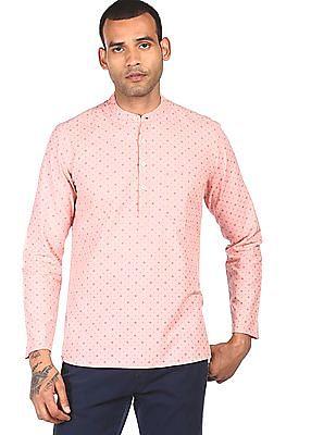 men light pink mandarin neck printed short kurta