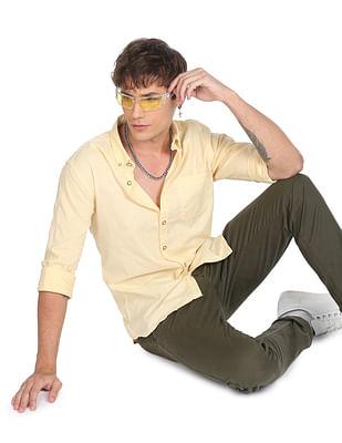 men light yellow solid pure cotton casual shirt