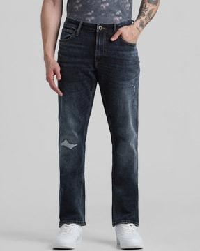 men lightly washed lighty-distressed straight fit jeans