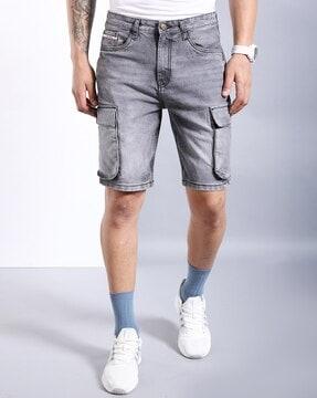 men lightly washed relaxed fit denim cargo shorts