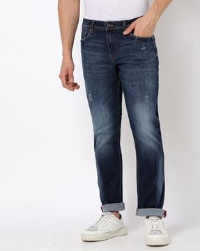 men lightly washed straight fit distressed jeans