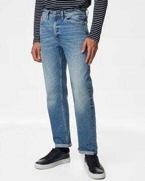 men lightly washed straight fit jeans