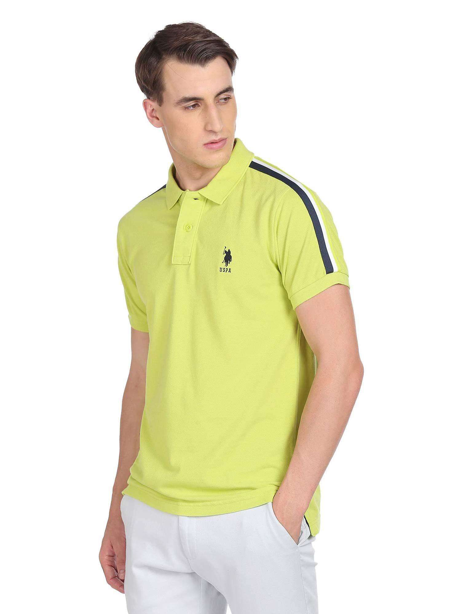 men lime green striped tape solid pure cotton polo t-shirt