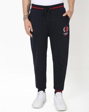 men logo print slim fit flat front pants with insert pockets