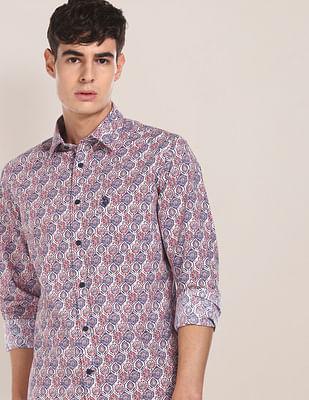 men maroon and blue spread collar printed casual shirt