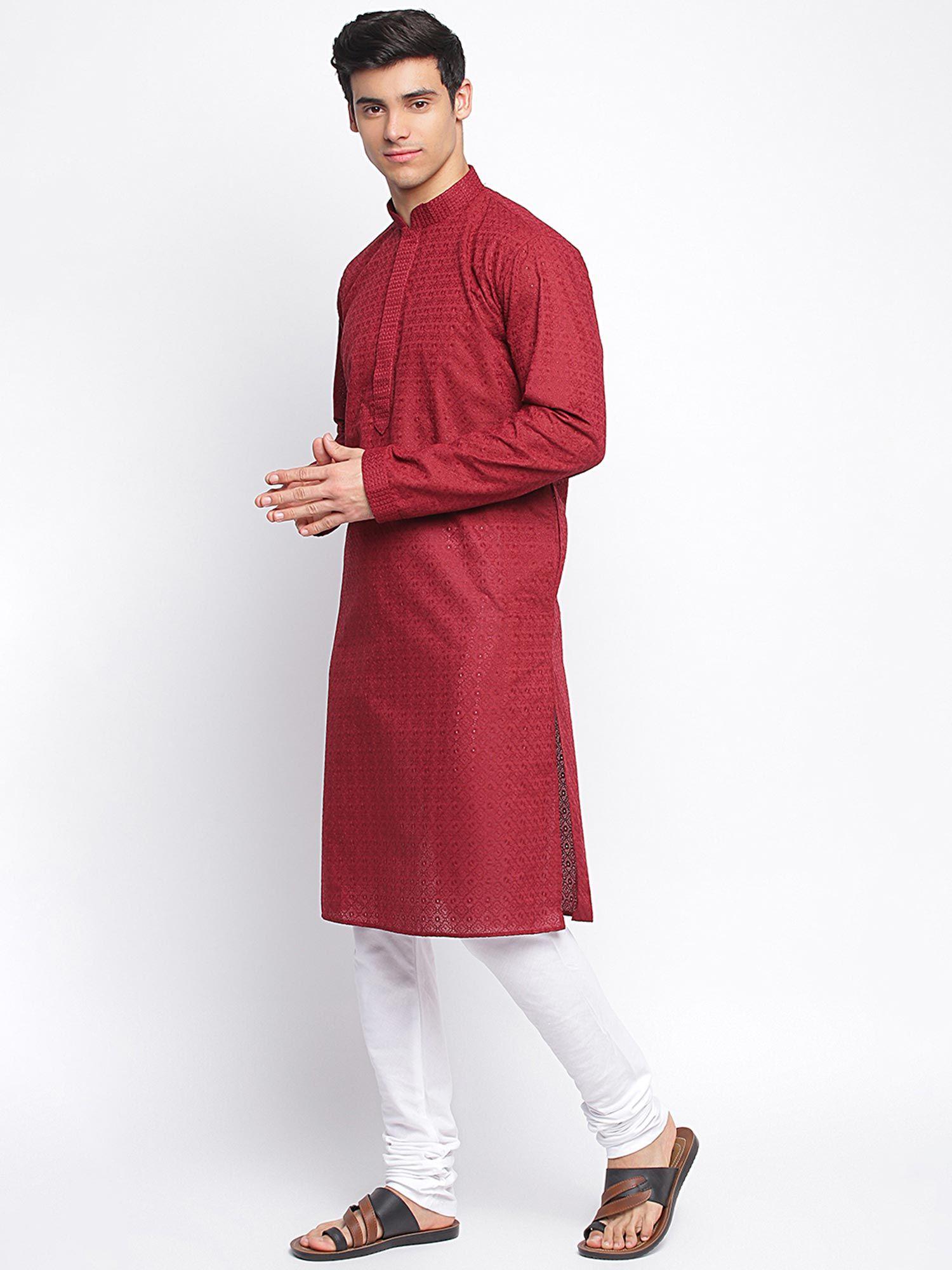 men maroon cotton chikankari pattern straight kurta with churidar (set of 2)