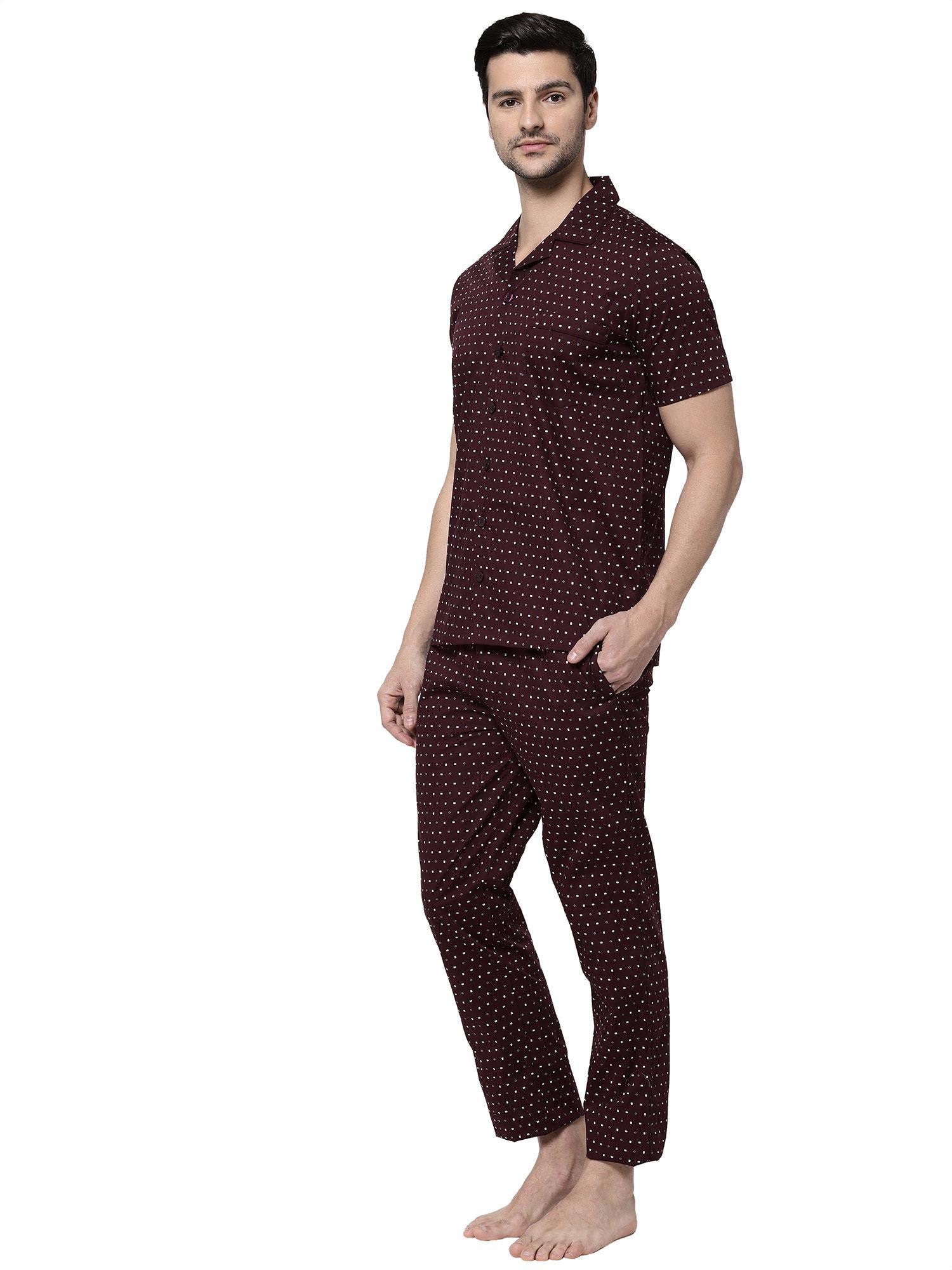 men maroon cotton printed pyjama (set of 2)