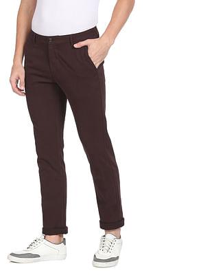 men maroon mid rise flat front solid casual trousers