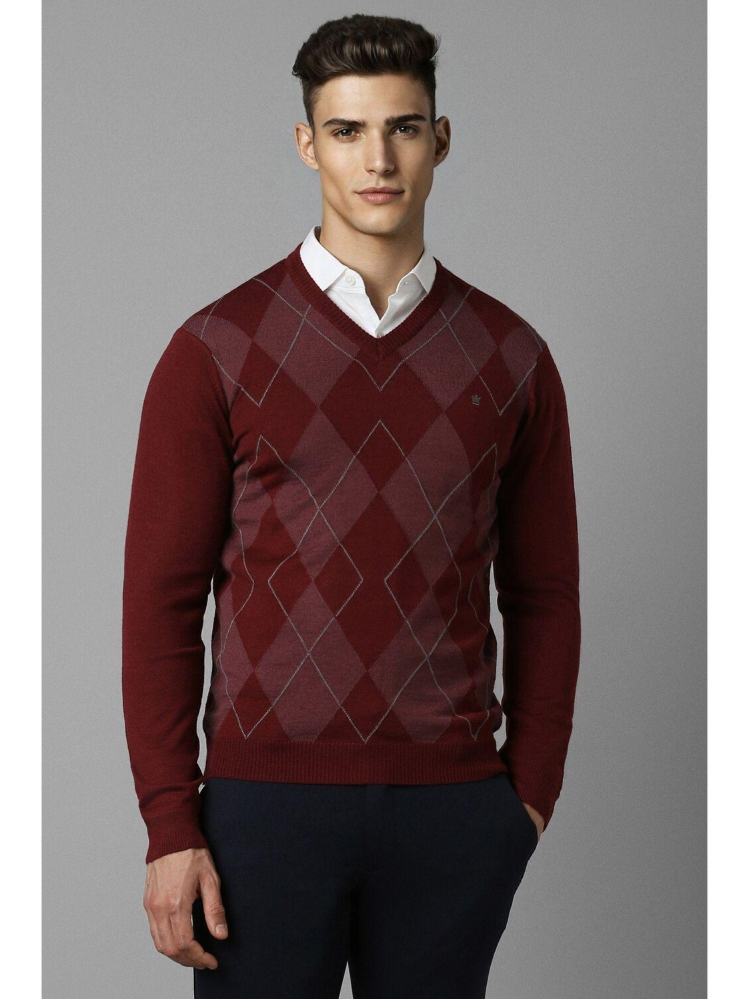 men maroon printed full sleeves sweater