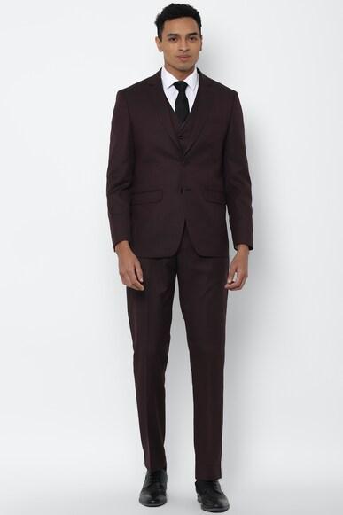 men maroon slim fit textured formal three piece suit