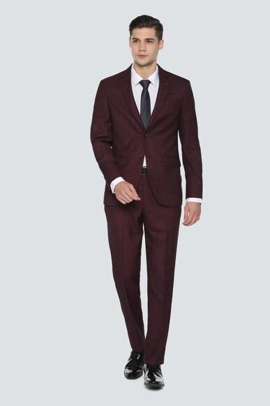 men maroon slim fit textured formal two piece suit