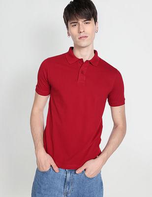 men maroon solid cotton pique polo shirt