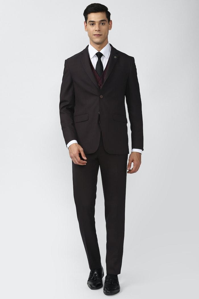 men maroon solid slim fit formal three piece suit