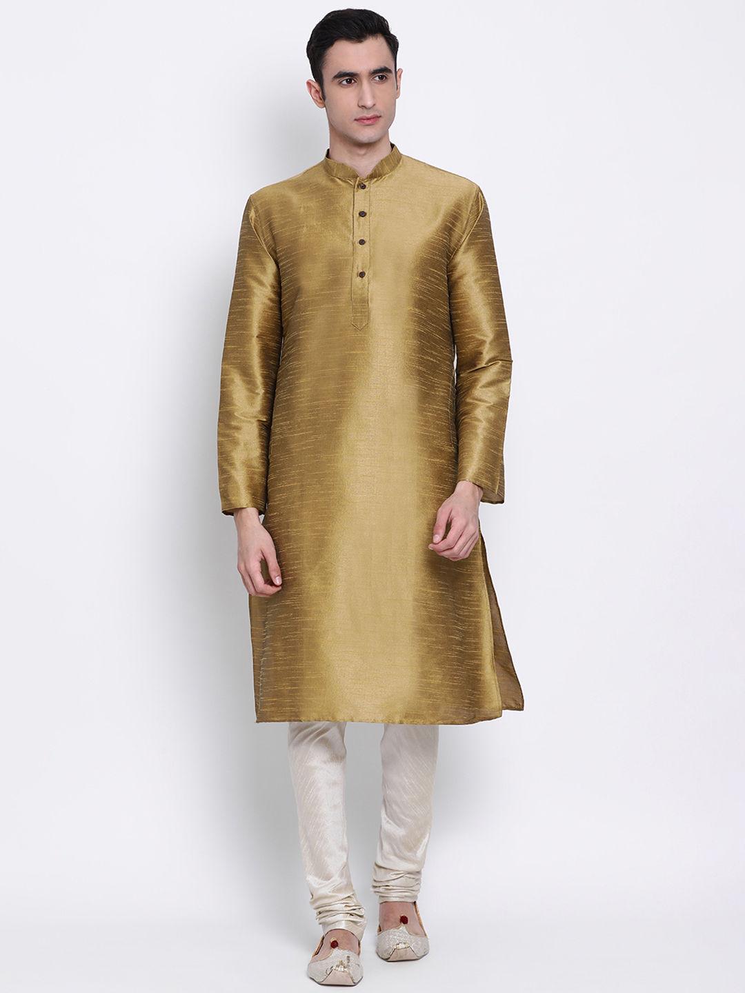men mehendi and cream color silk blend kurta and pyjama (set of 2)